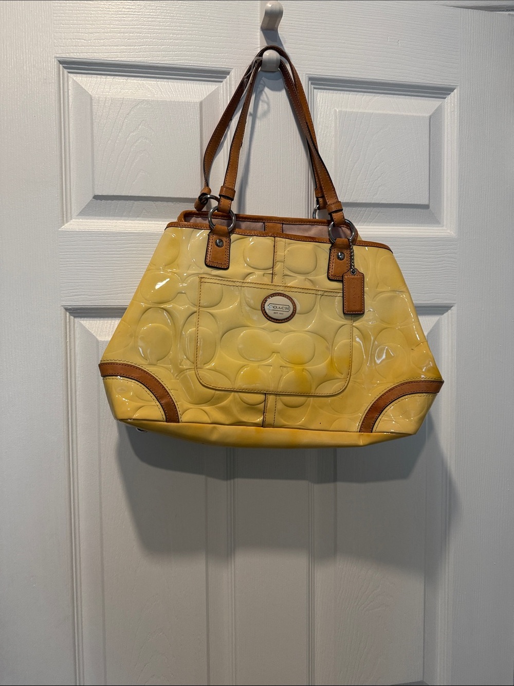 Coach Yellow Patent Leather Shoulder Bag with Brown Trim
